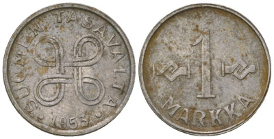 Финляндия 1 марка 1953 KM 36a сталь плакированная железом 4173-1069