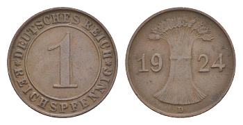 Германия 1 рейхспфенниг 1924 D KM 37, J. 313 бронза 4644-1028