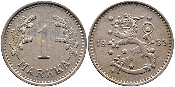 ФИНЛЯНДИЯ 1 МАРКА 1933 S KM 30 медно-никель 4388-946