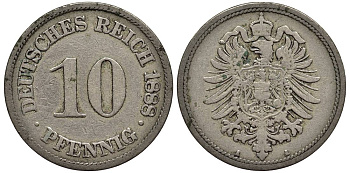 ГЕРМАНИЯ 10 ПФЕННИГОВ 1888 A, СТАРОГЕРБОВКА KM 4, Jager 4, Weege 7 медно-никель 4543-551