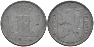 БЕЛЬГИЯ 1 ФРАНК 1943 BELGIE-BELGIQUE KM 128 цинк 4546-237
