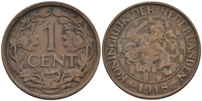 Нидерланды 1 цент 1918 Вильгельмина I (1891-1948) KM 152 бронза 4596-525