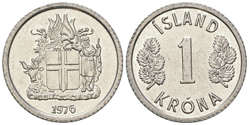 Исландия 1 крона 1976 KM 23 алюминий UNC 4615-1038