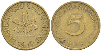 ФРГ 5 ПФЕННИГОВ 1971 D KM 107, J. 382 сталь плакированная латунью 4181-929