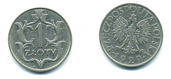 ПОЛЬША 1 ЗЛОТЫЙ 1929 w KM 14 никель 59-1412