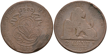 Бельгия 2 сантима 1873 Des Belges, Леопольд II (1865-1909) KM 35.1 медь 4595-215