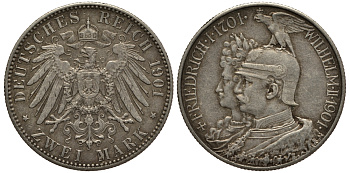 Пруссия 2 марки 1901 A, 200 лет Прусской королевской династии (Фридрих I - Вильгельм II) J.105, Weege 105, KM 525 серебро 3711-1131