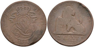 Бельгия 2 сантима 1873 Des Belges, Леопольд II (1865-1909) KM 35.1 медь 4595-215