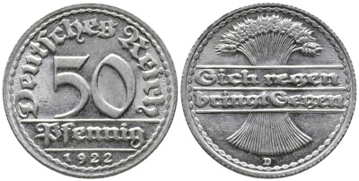 ГЕРМАНИЯ 50 ПФЕННИГОВ 1922 D KM 27, J. 301 алюминий 24-1113