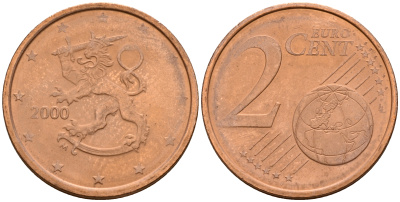 Финляндия 2 евроцента 2000  KM 99 сталь плакированная медью  UNC  4564-356