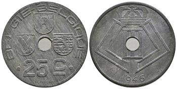 БЕЛЬГИЯ 25 САНТИМОВ 1946 BELGIE-BELGIQUE, ГЕРМАНСКАЯ ОККУПАЦИЯ, ВТОРАЯ МИРОВАЯ ВОЙНА KM 132 цинк 177-1032
