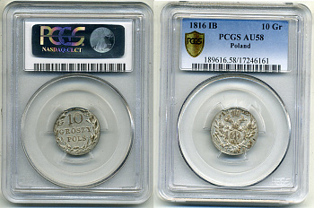 Россия для Польши 10 грошей 1816 I.B., Варшавский монетный двор, Александр I (1801-1825), в слабе PCGS, сохранность AU 58, редкость RR Биткин 848 серебро UNC 15-001-07