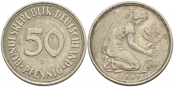 ФРГ 50 ПФЕННИГОВ 1969 J KM 109.1 медно-никель 4396-1665