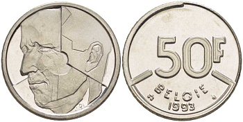 БЕЛЬГИЯ 50 ФРАНКОВ 1993 BELGIE, БОДУЭН I (1951-1993) KM 169 никель 4390-345