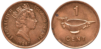 Соломоновы острова 1 цент 1987 Елизавета II (1953-) KM 24 сталь плакированная бронзой aUNC 4602-941