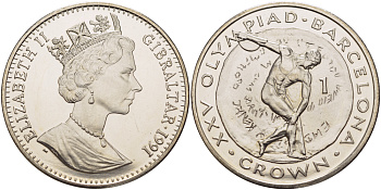 Гибралтар 1 крона 1991 XXV Олимпийские игры 1992 года в Барселоне, гонки на колесницах KM 66 медно-никель UNC 1084-8-42