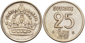 Швеция 25 эре 1957 Густав VI Адольф (1950-1973) KM 824 серебро 4588-1119