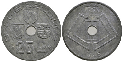БЕЛЬГИЯ 25 САНТИМОВ 1946 BELGIE-BELGIQUE, ГЕРМАНСКАЯ ОККУПАЦИЯ, ВТОРАЯ МИРОВАЯ ВОЙНА KM 132 цинк 177-1032