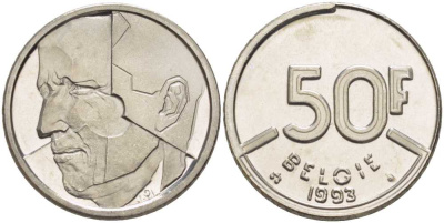 БЕЛЬГИЯ 50 ФРАНКОВ 1993 BELGIE, БОДУЭН I (1951-1993) KM 169 никель 4390-345