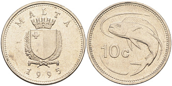 Мальта 10 центов 1995 золотая макрель KM 96 медно-никель 4588-244