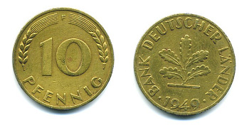 ФРГ 10 ПФЕННИГОВ 1949 F KM 103, J.378 сталь плакированная латунью 23-624