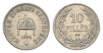 Венгрия 10 филлеров 1894 KB, Франц Иосиф I (1848-1916) KM 482 никель 4665-716