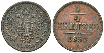 Австрия 1/4 крейцера 1851 A, Франц Иосиф I (1848-1916) KM 2180 медь 4615-545