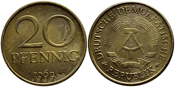 ГДР 20 пфеннигов 1969 А, первый год KM 11 латунь UNC 73-1022