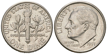 США 10 центов (дайм) 1997 P, президент Рузвельт KM 195a медь плакированная медно-никелем UNC 218-159