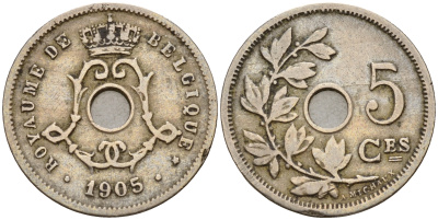Бельгия 5 сантимов 1905 Belges KM 54 медно-никель    4598-847