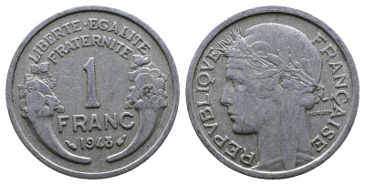 ФРАНЦИЯ 1 ФРАНК 1948 ТИП MORLON, LEGERE KM 885a.1, LE FRANC 221.13 алюминий 261-437