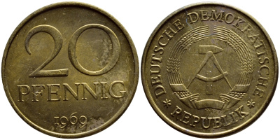 ГДР 20 пфеннигов 1969 А, первый год KM 11 латунь UNC 73-1022