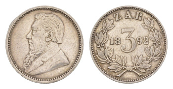 ЮАР (Трансвааль) 3 пенса 1892 KM 3 серебро 1518-1145