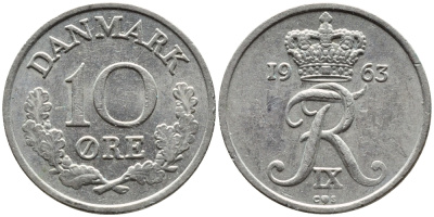 ДАНИЯ 10 ЭРЕ 1963 C; S, ФРЕДЕРИК IX (1947-1972) KM 849.1 медно-никель 4392-421