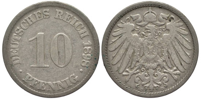 Германия 10 пфеннигов 1898 D KM 12, Jager 13, Weege 8 медно-никель 219-312