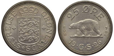 Гренландия 25 эре 1926 NCN; CJ, медведь, датская колония, Кристиан X (1912-1947) KM 5 медно-никель 186-1046
