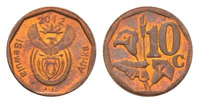 ЮАР 10 центов 2012 герб, цветок алоэ сталь плакированная бронзой UNC 4687-512