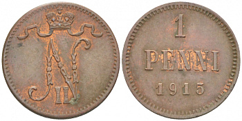 РОССИЯ ДЛЯ ФИНЛЯНДИИ 1 ПЕННИ 1915 НИКОЛАЙ II KM 13, Биткин 475 медь 4396-1452