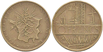 Франция 10 франков 1976 тип Матье KM 940, Le Franc 365.7-8 никель латунь 111-942