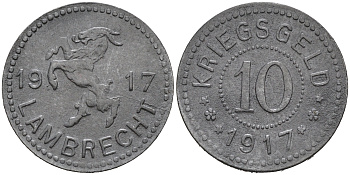 ГЕРМАНИЯ РЕМЛЯНД ПФАЛЬЦ ЛАМБРЕХТ 10 ПФЕННИГОВ 1917 КРИГСГЕЛЬД цинк 75-1629