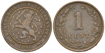 Нидерланды 1 цент 1896 Вильгельмина (1890-1948) KM 107 бронза 4154-553