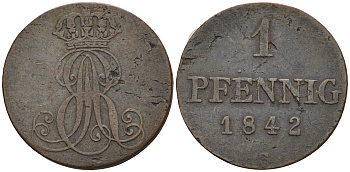 Ганновер 1 пфенниг 1842 S, Эрнст Август (1837-1851) KM 173.3, AKS 128, J. 54 медь 4608-351