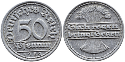 ГЕРМАНИЯ 50 ПФЕННИГОВ 1921 F KM 27, J. 301 алюминий 4390-847
