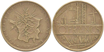Франция 10 франков 1976 тип Матье KM 940, Le Franc 365.7-8 никель латунь 111-942