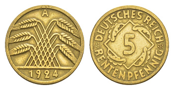 Германия 5 рентенпфеннигов 1924 A KM 32, J. 308 алюминиевая бронза 4164-1145