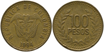 Колумбия 100 песо 1994 KM 285.1, Restrepo 445.3 латунь 4538-1244