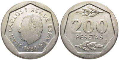 ИСПАНИЯ 200 ПЕСЕТ 1986 ХУАН КАРЛОС I (1975-) KM 829 медно-никель 113-356
