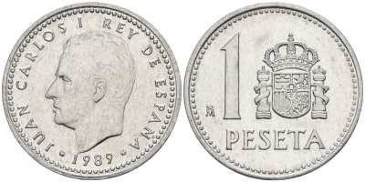 Испания 1 песета 1989 M, Хуан Карлос I (1975-2014) KM 821 алюминий 4448-831