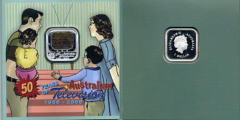 Австралия 1 доллар 2006 50 лет Австралийскому телевидению (цветное переливающееся избражение с 4 кадрами из разных передач, квадратное) серебро PROOF 5-6-1-34