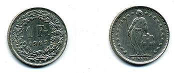 ШВЕЙЦАРИЯ 1 ФРАНК 1969 KM 24а.1 медно-никель 37-1141